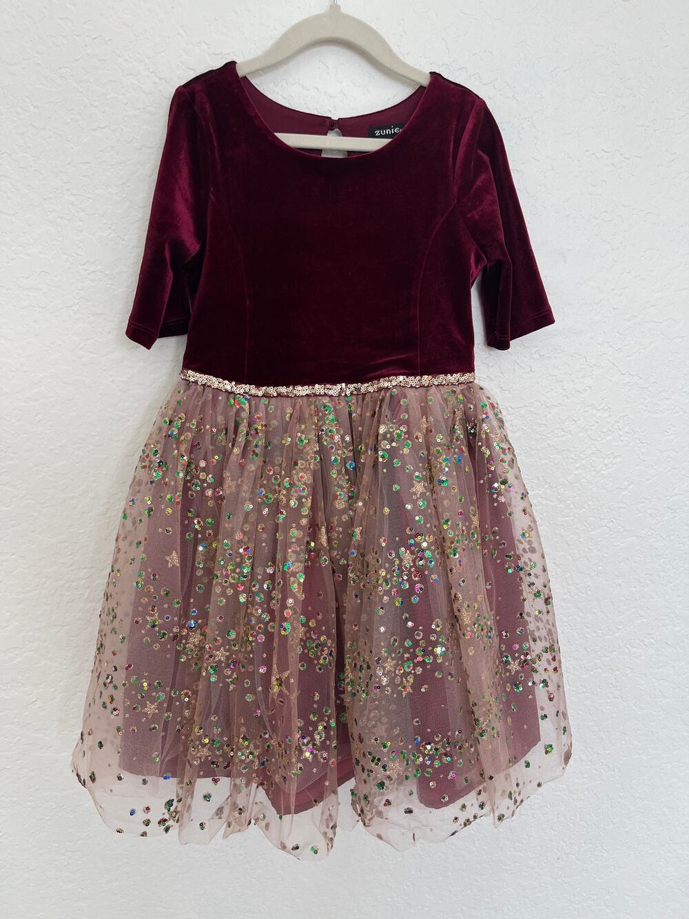Zunie Girls Size 7 Burgundy Velvet Sequin Tulle Holiday Party Dress